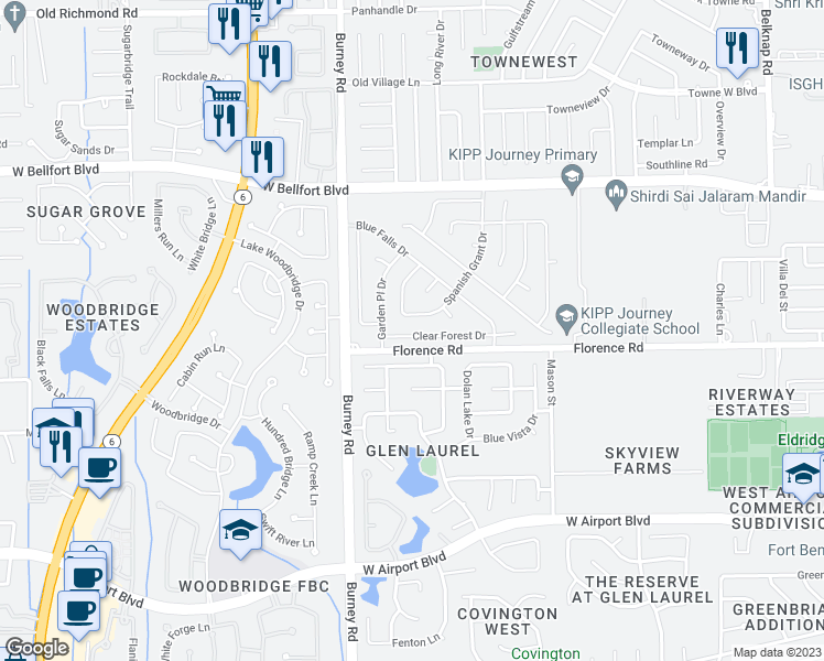 map of restaurants, bars, coffee shops, grocery stores, and more near 14202 Clear Forest Drive in Sugar Land