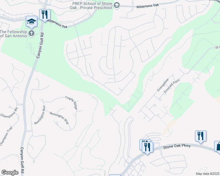 map of restaurants, bars, coffee shops, grocery stores, and more near 23106 Fairway Bridge in San Antonio