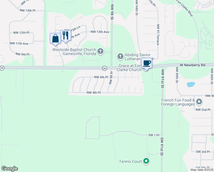 map of restaurants, bars, coffee shops, grocery stores, and more near 615 Northwest 99 Terrace in Gainesville