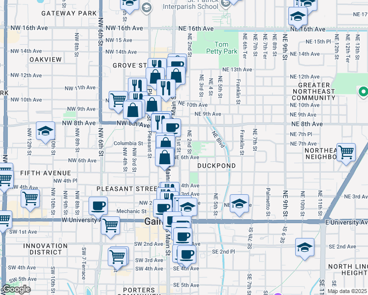 map of restaurants, bars, coffee shops, grocery stores, and more near 703 Northeast 2 Street in Gainesville