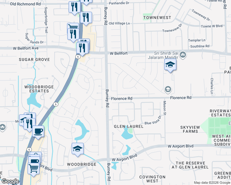 map of restaurants, bars, coffee shops, grocery stores, and more near 10806 Garden Place Drive in Sugar Land