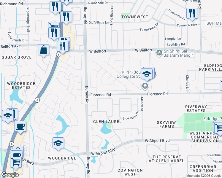 map of restaurants, bars, coffee shops, grocery stores, and more near 14010 Twin Lakes Drive in Sugar Land