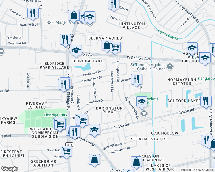 map of restaurants, bars, coffee shops, grocery stores, and more near 13103 Newberry Street in Sugar Land