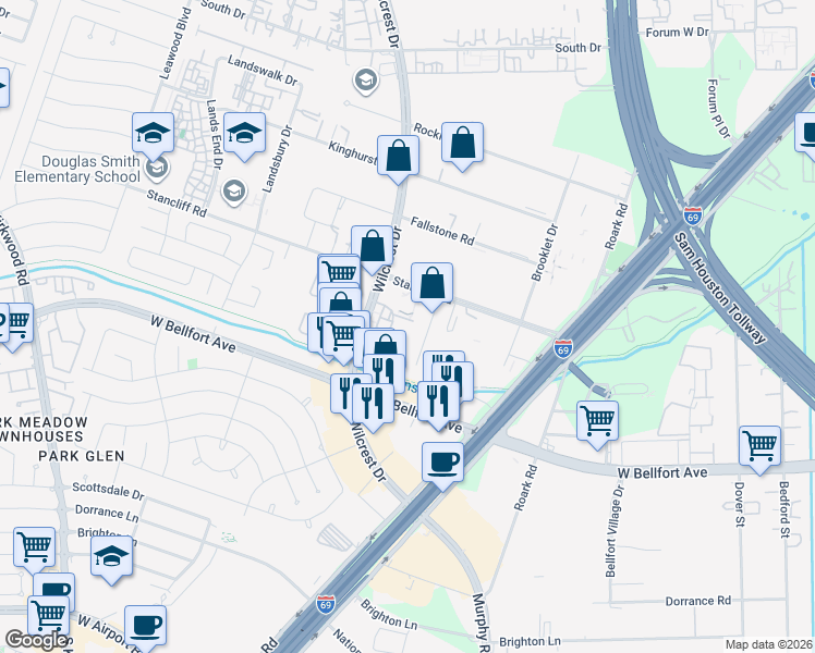 map of restaurants, bars, coffee shops, grocery stores, and more near 11303 South Wilcrest Drive in Houston