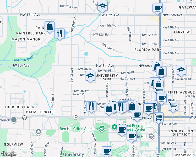 map of restaurants, bars, coffee shops, grocery stores, and more near Northwest 20th Street in Gainesville