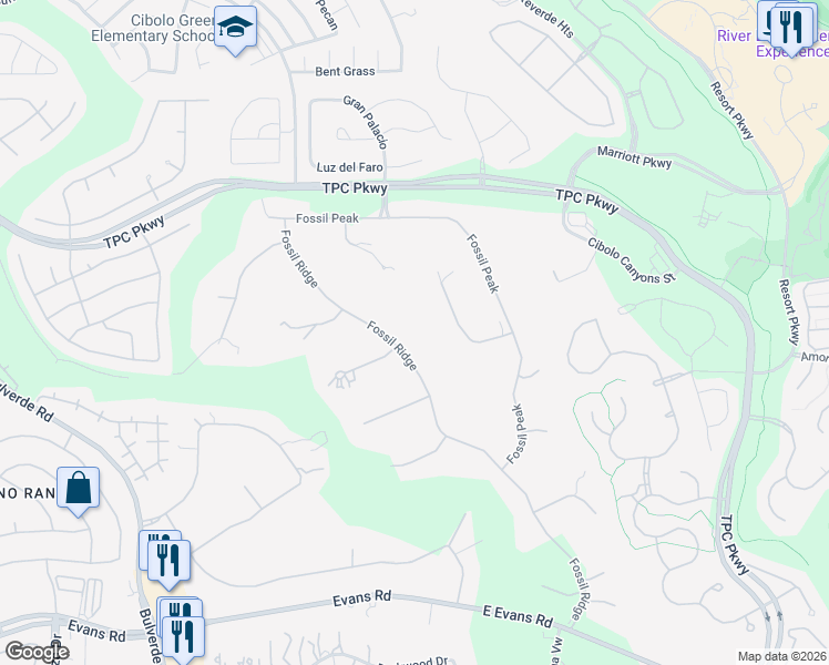 map of restaurants, bars, coffee shops, grocery stores, and more near 22740 Fossil Ridge in San Antonio
