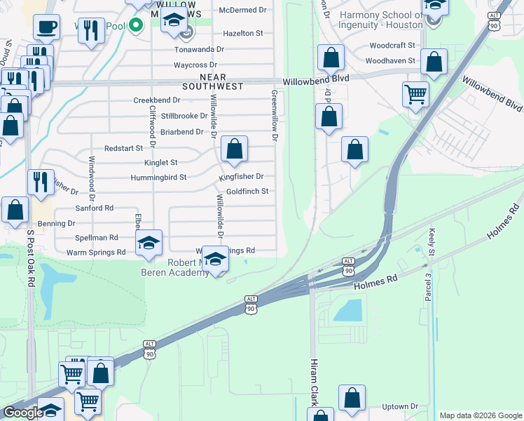 map of restaurants, bars, coffee shops, grocery stores, and more near 4310 Sanford Road in Houston