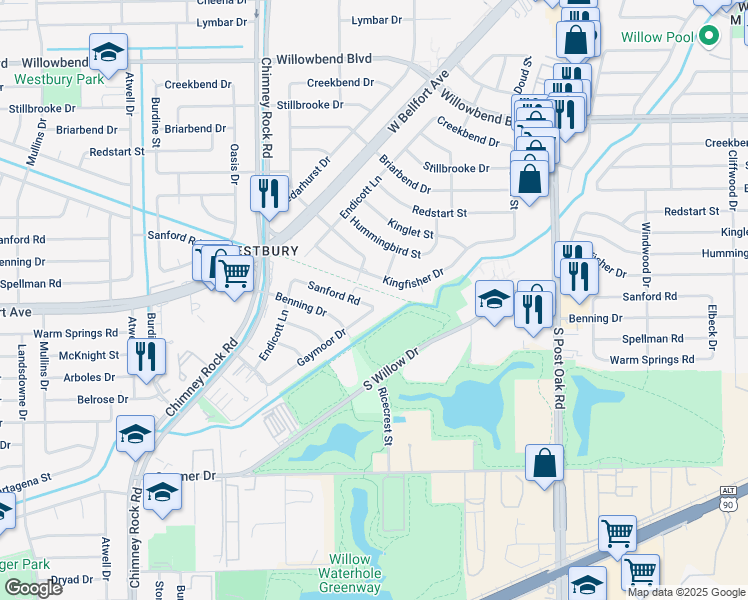 map of restaurants, bars, coffee shops, grocery stores, and more near 5207 Kingfisher Drive in Houston