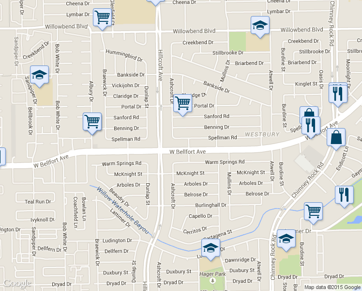 map of restaurants, bars, coffee shops, grocery stores, and more near 5807 Spellman Road in Houston