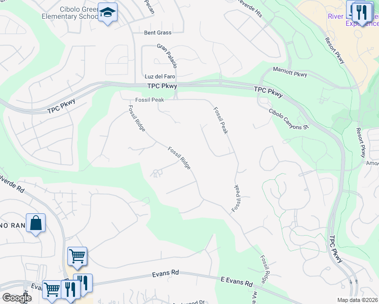 map of restaurants, bars, coffee shops, grocery stores, and more near 22740 Fossil Ridge in San Antonio