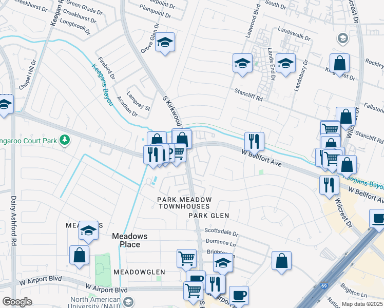 map of restaurants, bars, coffee shops, grocery stores, and more near 11665 West Bellfort Boulevard in Houston