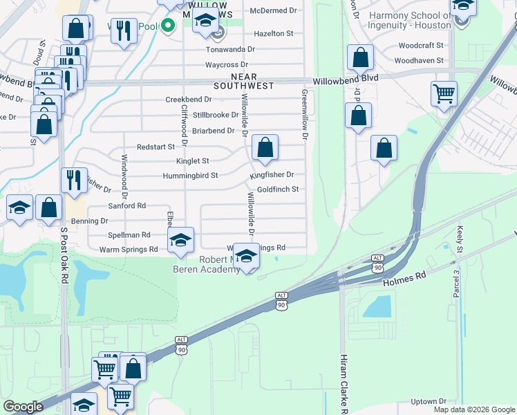 map of restaurants, bars, coffee shops, grocery stores, and more near 4502 Sanford Road in Houston