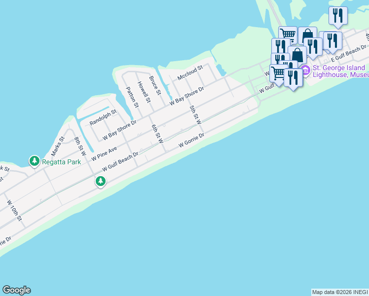 map of restaurants, bars, coffee shops, grocery stores, and more near 524 West Gorrie Drive in Saint George Island