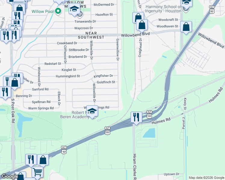 map of restaurants, bars, coffee shops, grocery stores, and more near 4310 Sanford Road in Houston