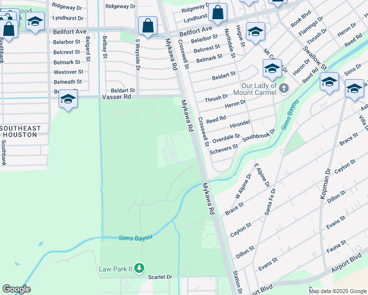 map of restaurants, bars, coffee shops, grocery stores, and more near 8300 Mykawa Road in Houston