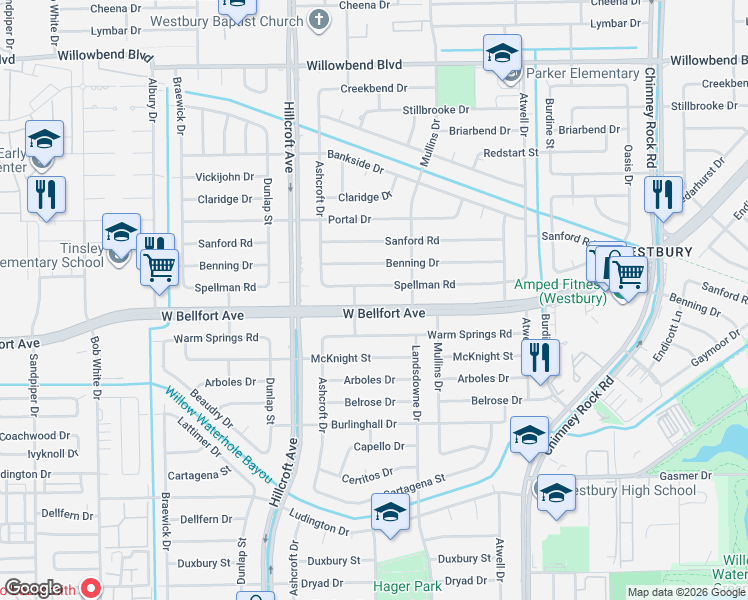 map of restaurants, bars, coffee shops, grocery stores, and more near 5723 Spellman Road in Houston