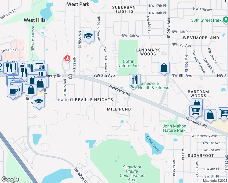 map of restaurants, bars, coffee shops, grocery stores, and more near 562 Northwest 50 Boulevard in Gainesville