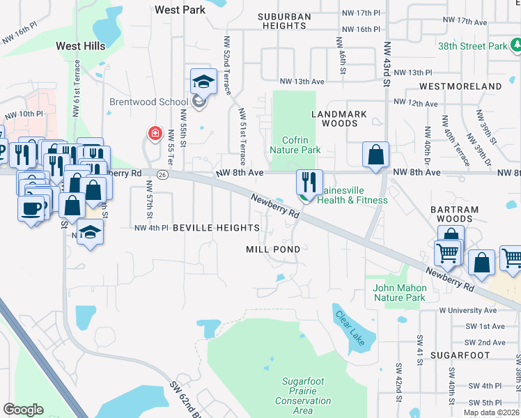 map of restaurants, bars, coffee shops, grocery stores, and more near 570 Northwest 50th Boulevard in Gainesville