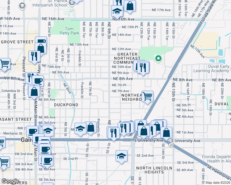 map of restaurants, bars, coffee shops, grocery stores, and more near 926 Northeast 7th Avenue in Gainesville