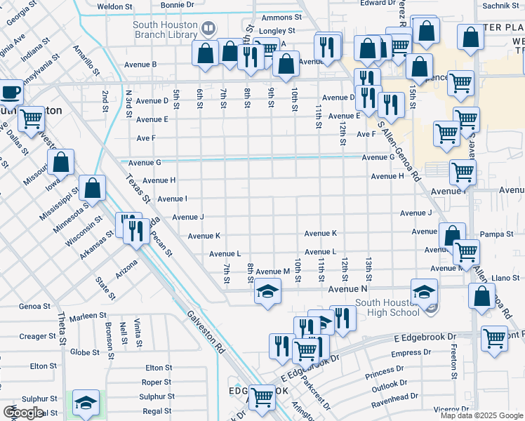 map of restaurants, bars, coffee shops, grocery stores, and more near 802 Avenue I in South Houston