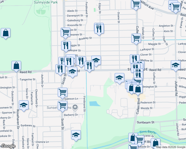 map of restaurants, bars, coffee shops, grocery stores, and more near 4390 Reed Rd in Houston