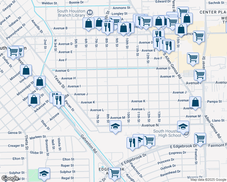 map of restaurants, bars, coffee shops, grocery stores, and more near 802 Avenue I in South Houston