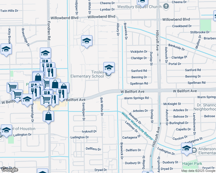 map of restaurants, bars, coffee shops, grocery stores, and more near 10 Albury Drive in Houston