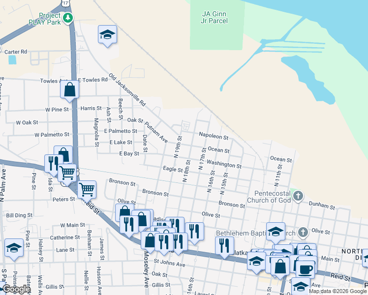 map of restaurants, bars, coffee shops, grocery stores, and more near 1803 Ocean Street in Palatka