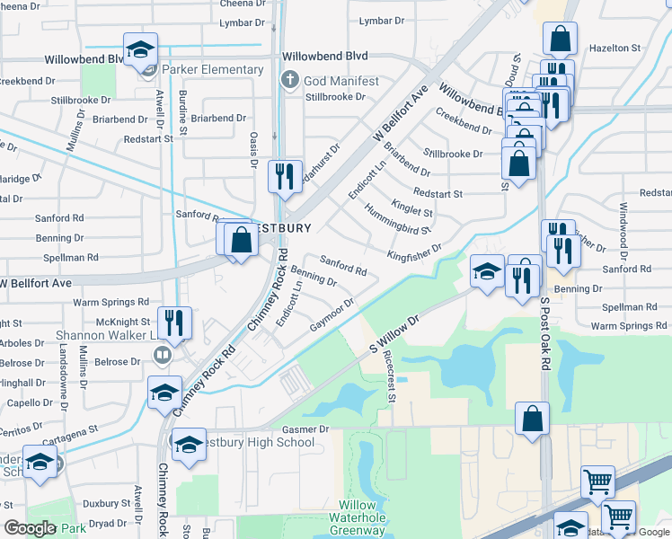 map of restaurants, bars, coffee shops, grocery stores, and more near 5215 Sanford Road in Houston