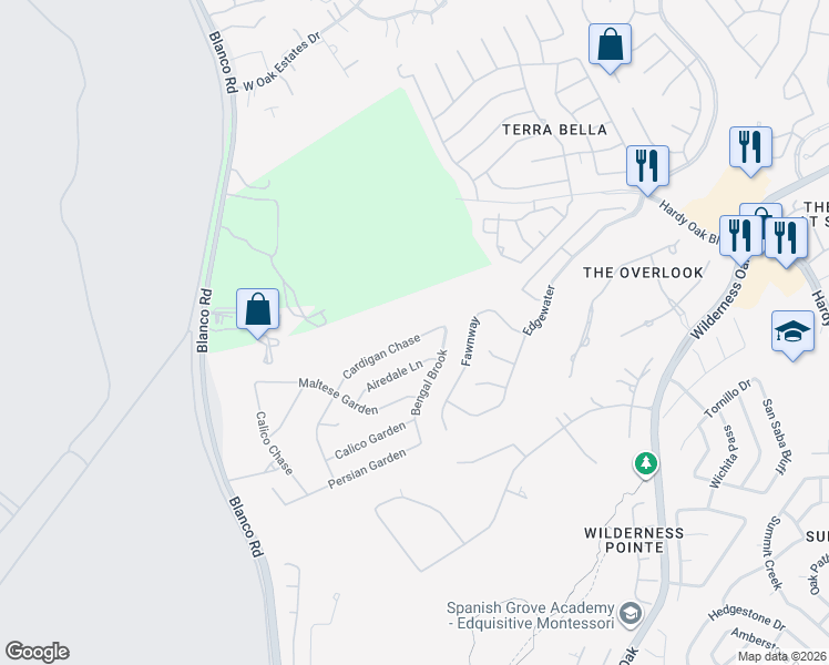 map of restaurants, bars, coffee shops, grocery stores, and more near 23227 Cardigan Chase in San Antonio