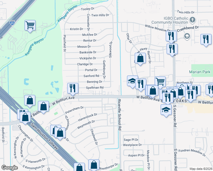 map of restaurants, bars, coffee shops, grocery stores, and more near 9107 Benning Drive in Houston