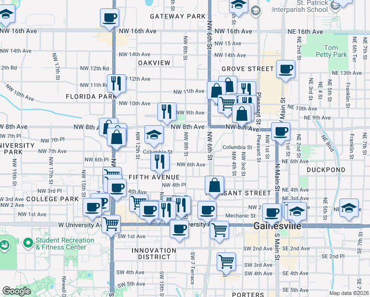 map of restaurants, bars, coffee shops, grocery stores, and more near 815 Northwest 7 Place in Gainesville