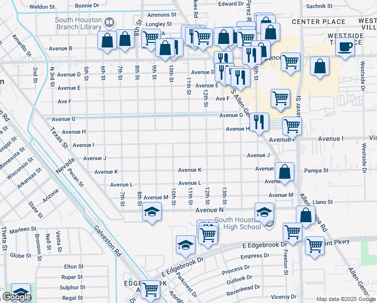 map of restaurants, bars, coffee shops, grocery stores, and more near 1104 Avenue I in South Houston