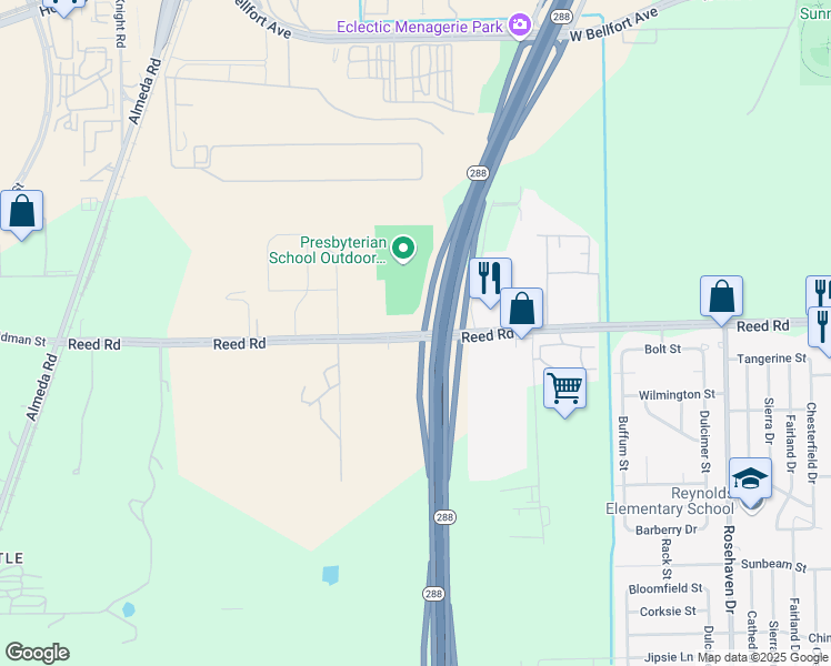 map of restaurants, bars, coffee shops, grocery stores, and more near Reed Rd in Houston