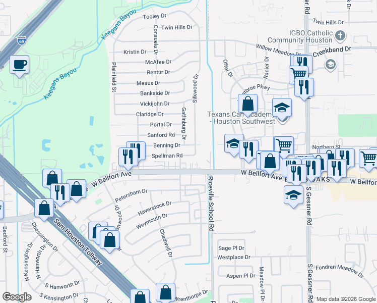 map of restaurants, bars, coffee shops, grocery stores, and more near 9107 Benning Drive in Houston