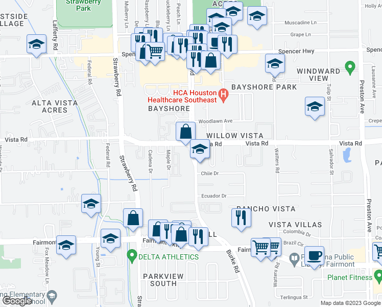 map of restaurants, bars, coffee shops, grocery stores, and more near 3609 Burke Road in Pasadena