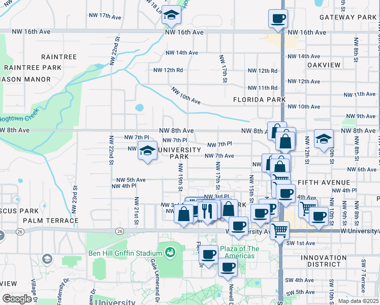 map of restaurants, bars, coffee shops, grocery stores, and more near 1822 Northwest 7th Avenue in Gainesville