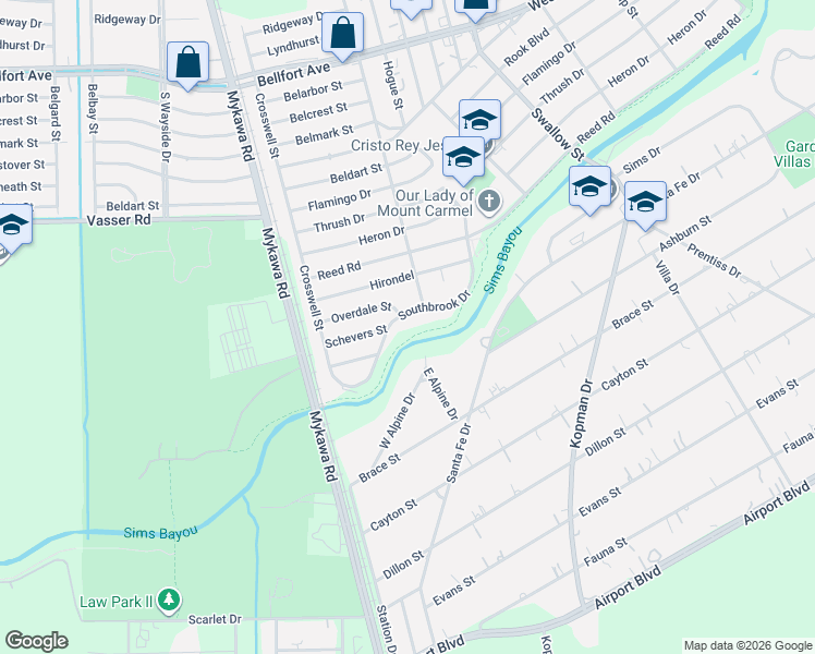 map of restaurants, bars, coffee shops, grocery stores, and more near 6410 Southbrook Drive in Houston