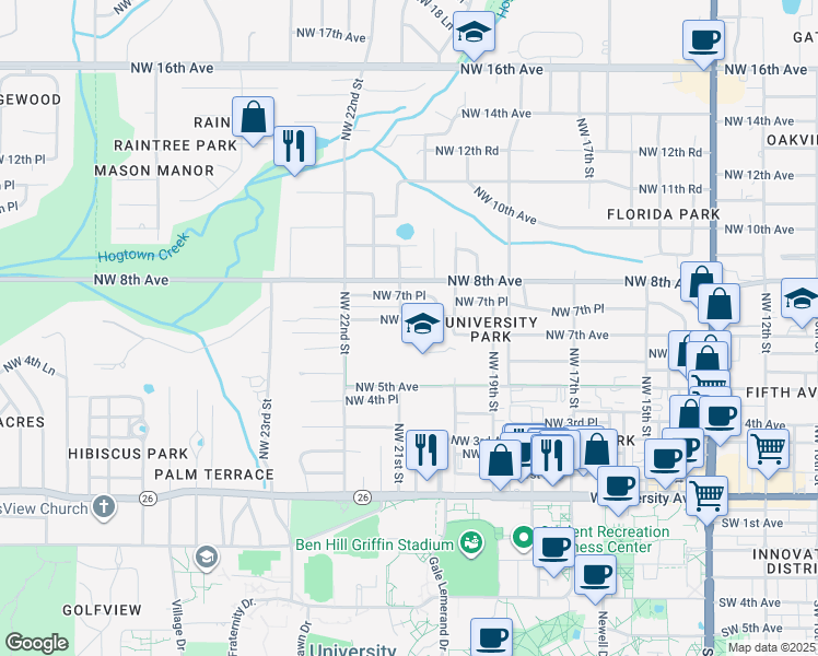 map of restaurants, bars, coffee shops, grocery stores, and more near 2105 Northwest 7th Lane in Gainesville