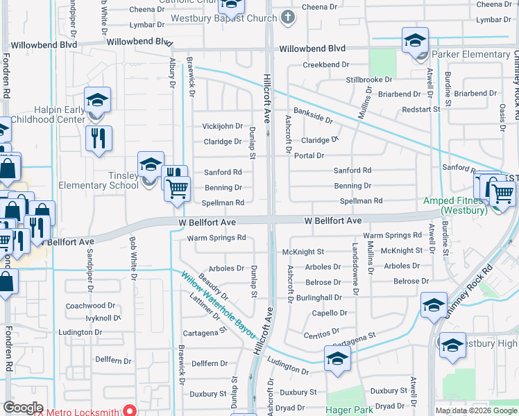 map of restaurants, bars, coffee shops, grocery stores, and more near 11122 Hillcroft Street in Houston
