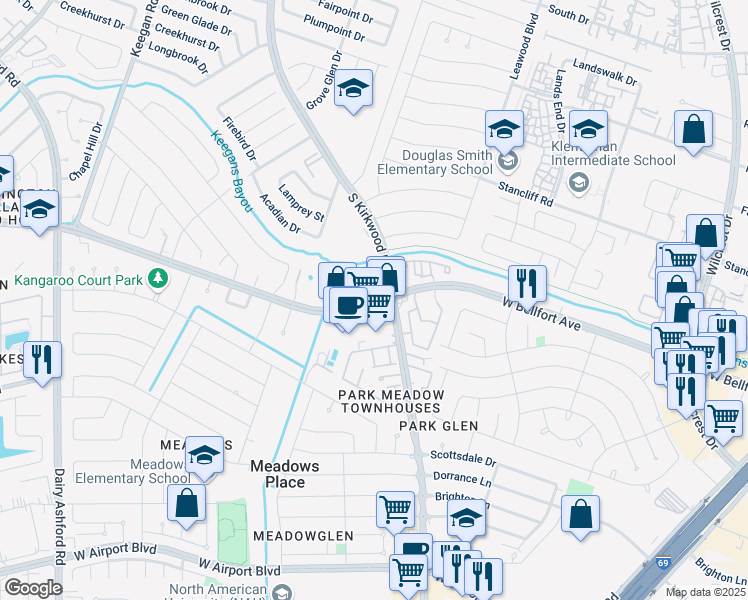 map of restaurants, bars, coffee shops, grocery stores, and more near 11718 West Bellfort Avenue in Stafford