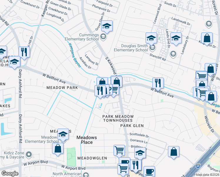map of restaurants, bars, coffee shops, grocery stores, and more near 11718 West Bellfort Avenue in Stafford
