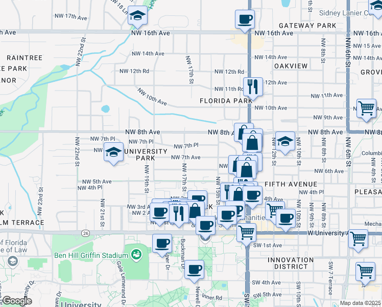 map of restaurants, bars, coffee shops, grocery stores, and more near 1626 Northwest 7th Avenue in Gainesville