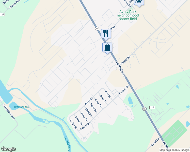 map of restaurants, bars, coffee shops, grocery stores, and more near 5 Delia Circle in New Braunfels