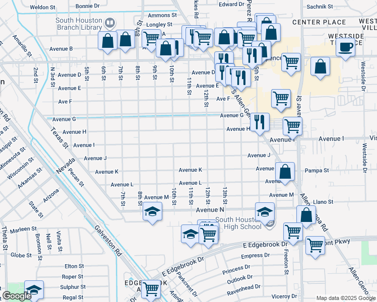 map of restaurants, bars, coffee shops, grocery stores, and more near 1104 Avenue I in South Houston