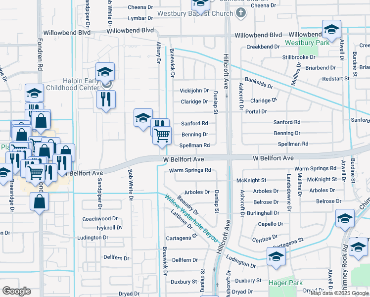 map of restaurants, bars, coffee shops, grocery stores, and more near 6019 Spellman Road in Houston
