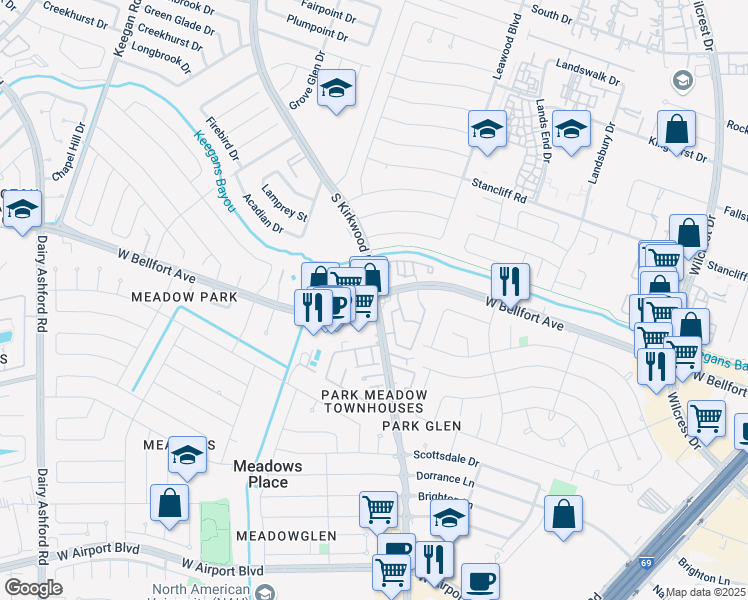 map of restaurants, bars, coffee shops, grocery stores, and more near W Bellfort Ave & S Kirkwood Rd in Houston