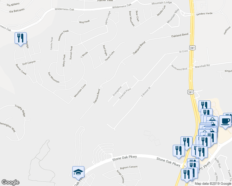 map of restaurants, bars, coffee shops, grocery stores, and more near 23157 Evangeline in San Antonio
