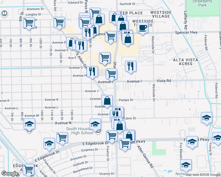 map of restaurants, bars, coffee shops, grocery stores, and more near 3402 Shaver Street in South Houston