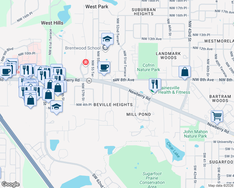 map of restaurants, bars, coffee shops, grocery stores, and more near 601 Northwest 53rd Terrace in Gainesville